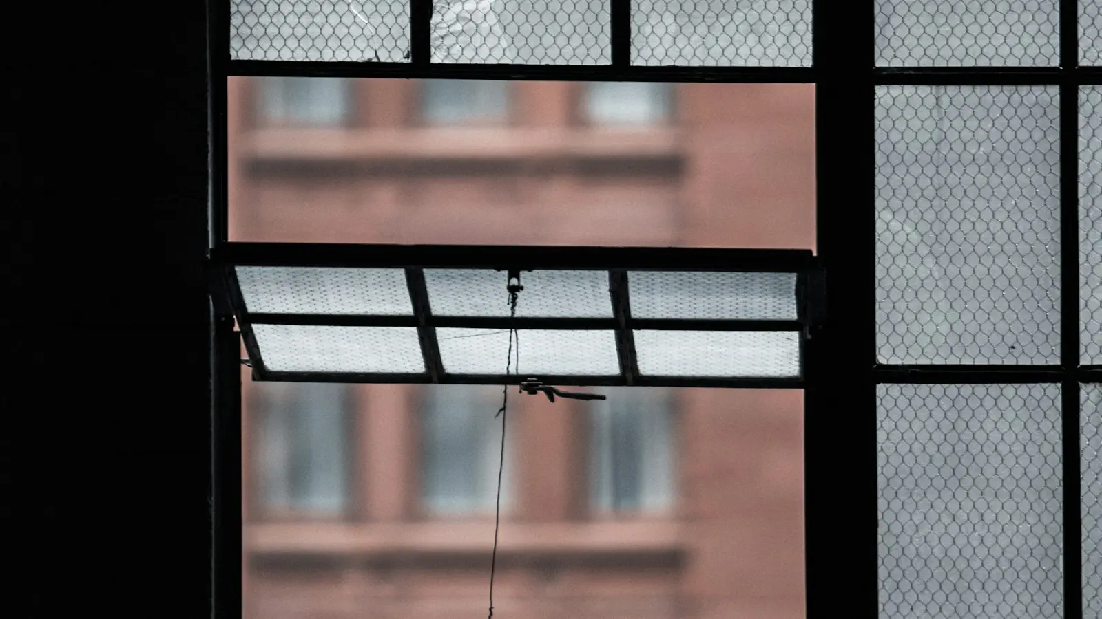 Dark metal-framed window with multiple glass panels