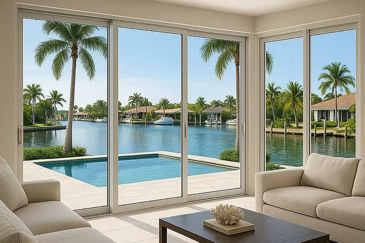 Wide impact-rated sliding glass doors connecting interior and exterior areas