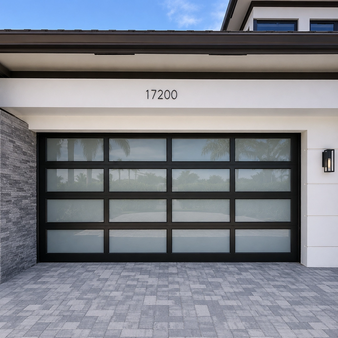 Modern impact garage door integrated into a residential exterior